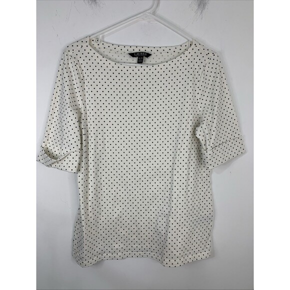 Lauren Ralph Lauren Women Cream Polka Dot Short Sleeve Shirt XL NWOT Black Label - Picture 1 of 11